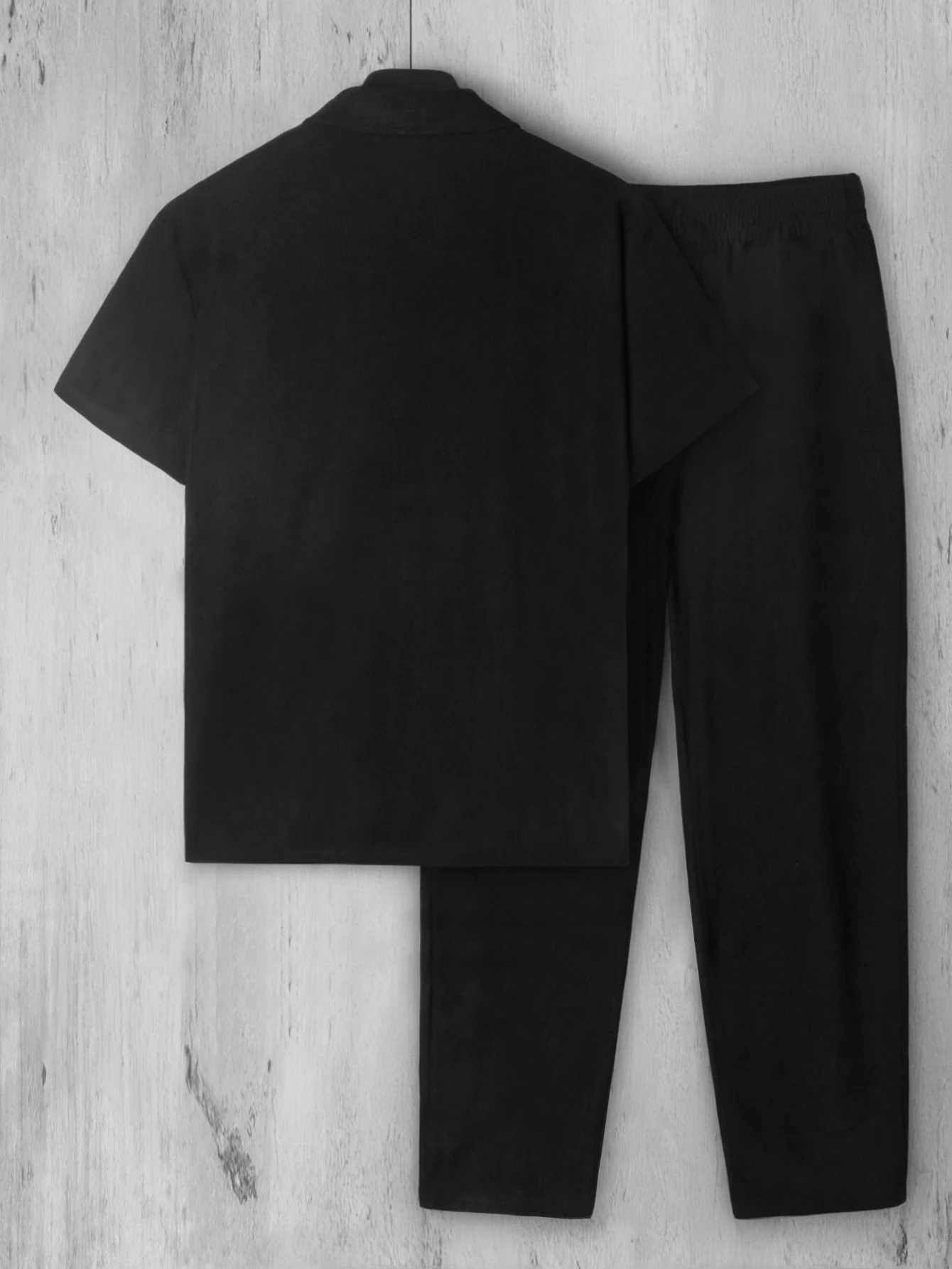 New 2pcs Set Mens Short Sleeve Shirt Pants Suits for Men Beach Wear Tracksuit Solid Color Shirts Sweatpants Hawaiian Vacation M260320