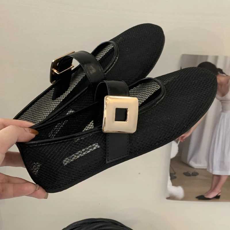 Mesh Breathable Ballet Flats Women Metal Belt Buckle Round Toe Shallow Comfy Beach Shoes Female Fashion Mary Jane Shoes H260512
