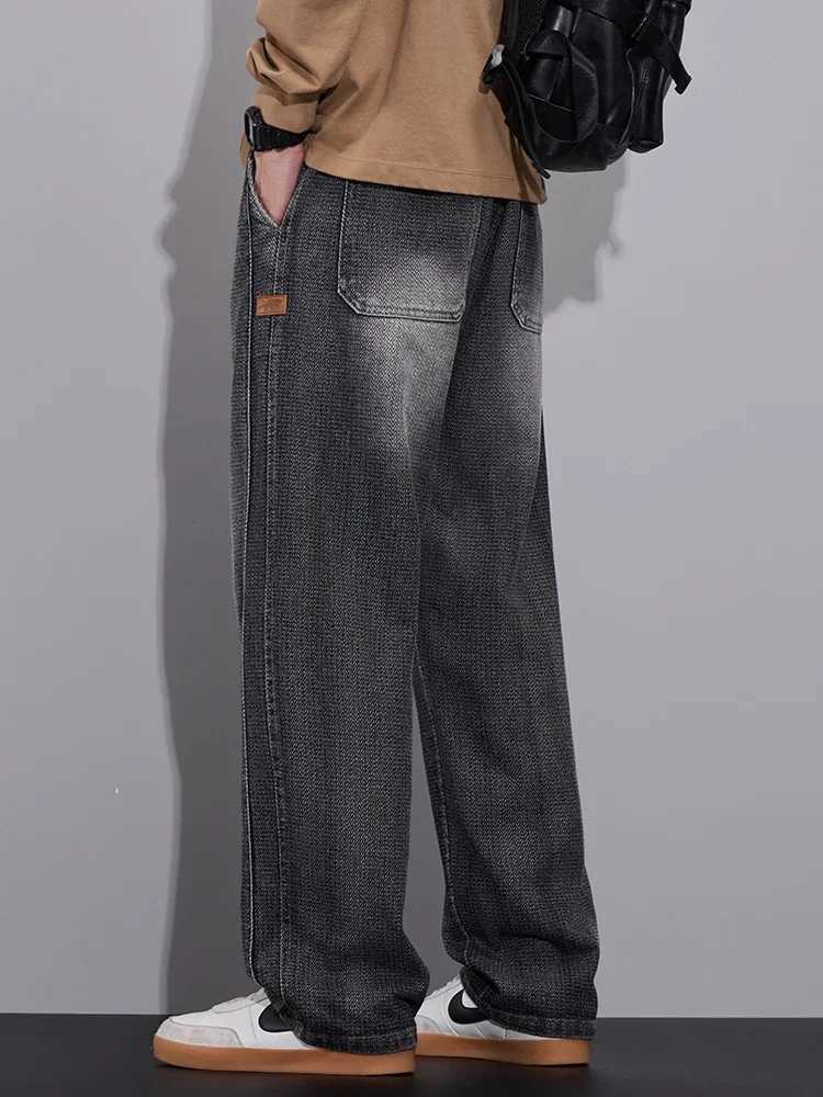 Spring Baggy Wide Leg Jeans Mens Elastic Waist Textured Fabric Jogging Pants Fashion Korean Streetwear Casual Loose Trousers D260320