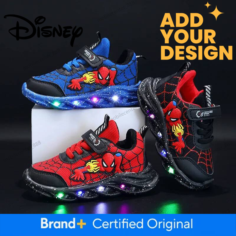 Designer Disney LED Casual Sneakers Red Black For Spring Boys Mesh Outdoor Spider-Man Shoes Children Lighted Non-Slip Shoes Size 21-30 Luxury