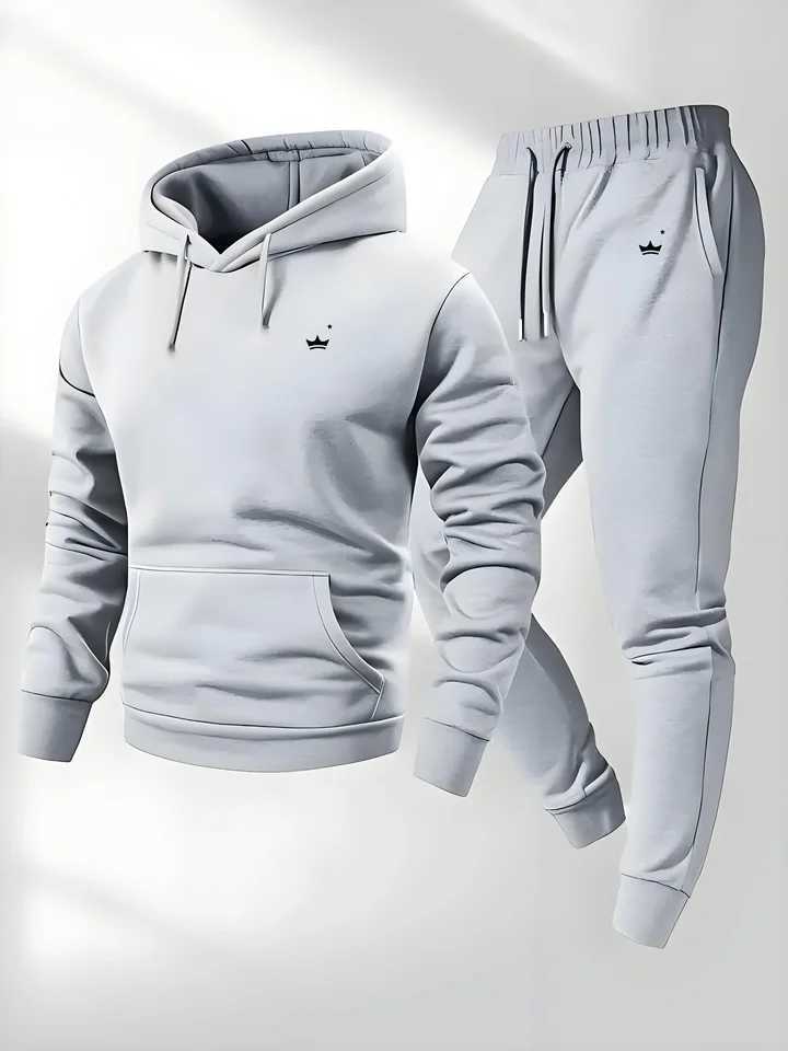 2026 Sports Hot Sale crown printed sportswear set mens hooded sweatshirt long pants set spring and autumn winter warm suit M260320