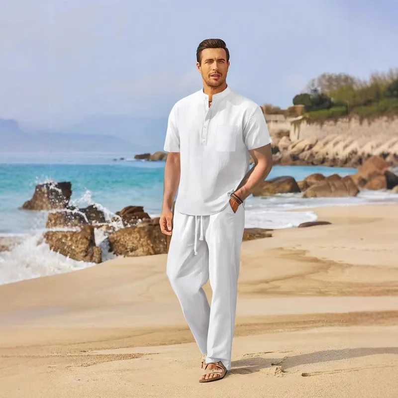 Mens Summer Lightweight Shirt Set wiTH Standing Collar Button PoCKet Cotton Linen Short SLeeve Casual Outfit M260320