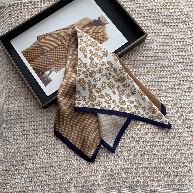 Brown Cashew Flower Silk Scarf for Women, Lightweight 100% Mulberry Silk, 53Cm Small Square Neck Scarf for Summer