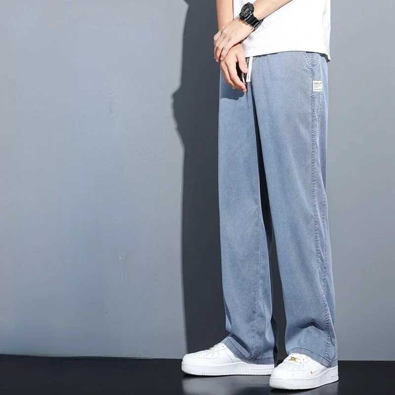 High Quality Summer Lyocell Fabric Mens Jeans Thin Straight Pants Drawstring Elastic Waist Korea Casual Trousers Plus Size D260320