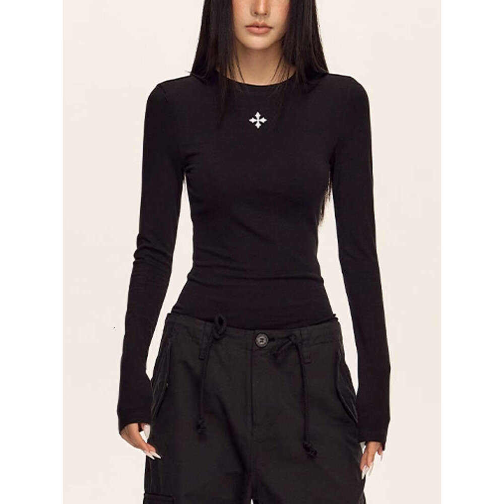 Spring And Autumn New Niche Cross Flower Pattern Design Simple Versatile Slim Fit Slimming Hot Girl Long Sleeve Top Base Shirt Luanyun