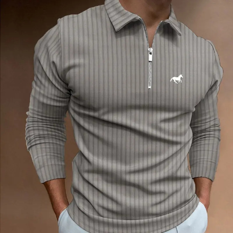 Mens Long Sleeved Zipper Polo Shirt Casual Lapel Fashionable Top y260312