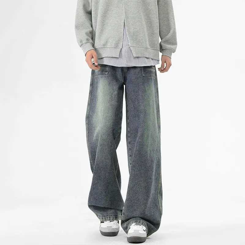 Autumn Mens Jeans Loose Straight Vintage Korean Fashion Wide-leg Casual Trousers Streetwear Male Denim Pants Fleece Plush D260320