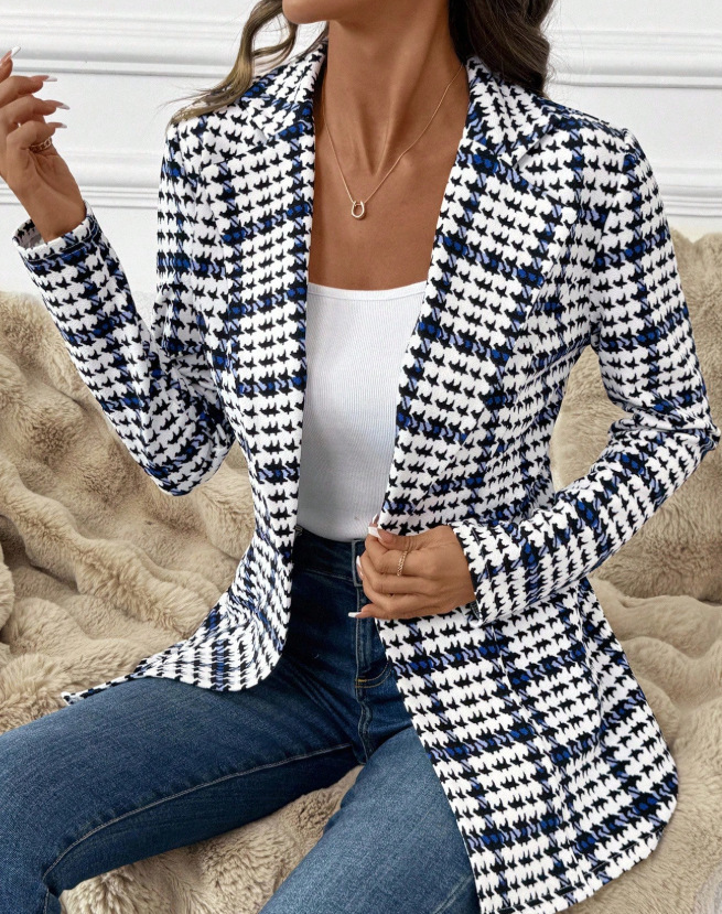 Luxury Brand Designer Clothes Temu Foreign Trade New European And American Style Houndstooth Blazer For Women, Slim Fit, Long-Sleeved Jacket, Fashiona