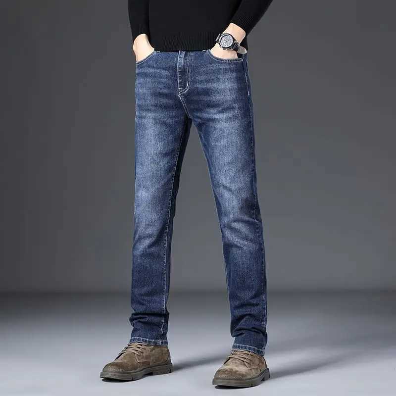 Male Smart Casual Jeans Stretchy Sports Mens Korean Solid Trousers Autumn Winter Full Length Straight Office Work Denim Pants D260320