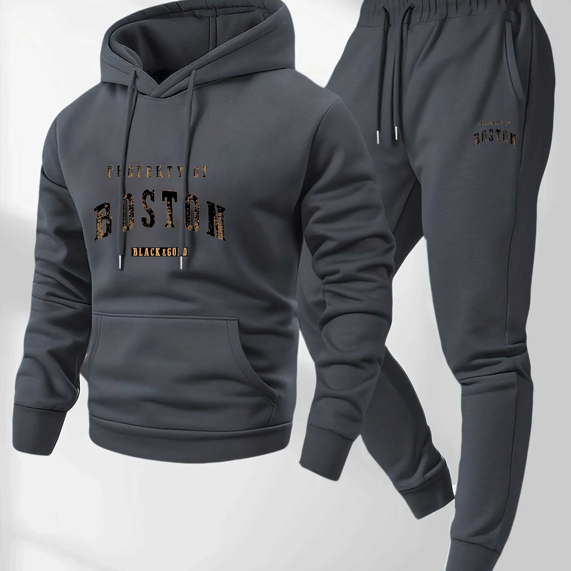 2026 New Mens Boston Print Hooded Sweatshirt and Sweatpants Soft and Comfortable Sweatpants Autumn and Winter Set M260320