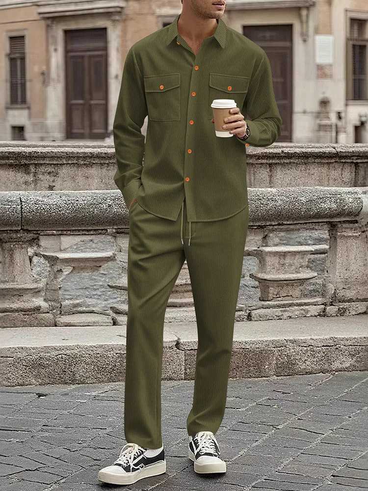 Cross border winter new mens European and American corduroy casual suit workwear style long sleeved shirt long pants two-piece M260320