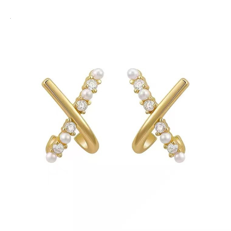 Cross Shaped Pearl And Diamond Stud Earrings: Fashionable Jewelry Earrings Exquisite Feminine Sophisticated Light Luxury Women's Design Silver St