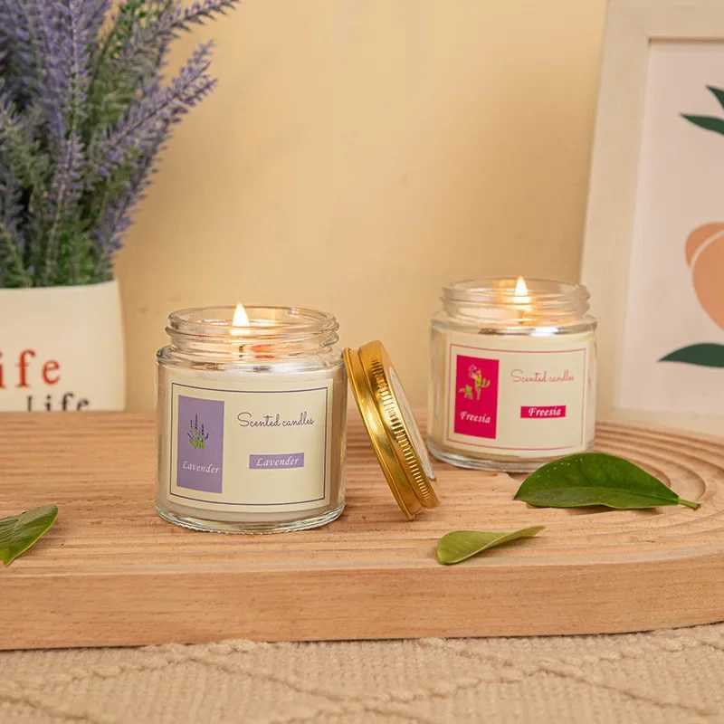 Lavender Scented Candles with Glass Jar Packaging and Gold Lid - Aromatherapy Accents Relaxing Bedroom Living Room Fragrance H260319