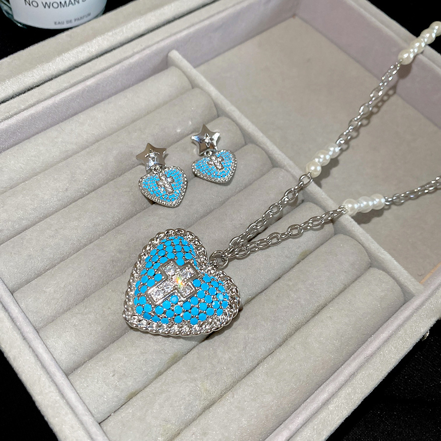 Sweet cool style zircon heart pearl earrings and necklace, personalized trendy jewelry set with a unique design, niche accessories - view 6
