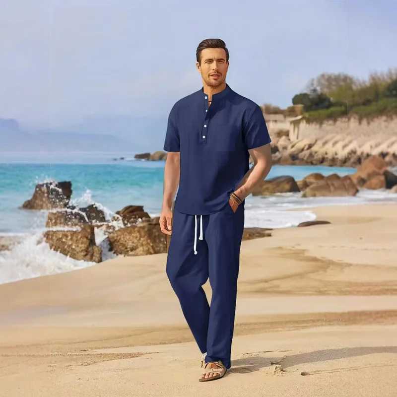 Mens Summer Lightweight Shirt Set wiTH Standing Collar Button PoCKet Cotton Linen Short SLeeve Casual Outfit M260320