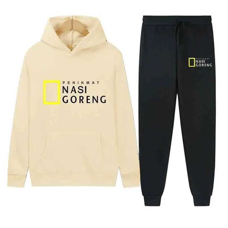 Autumn Men Gray Blue Casual 2PC Sets Trend Hoodie Tops Slim Pants Warm Sweatshirts Street Fashion Concise Printed Sports Suit M260320