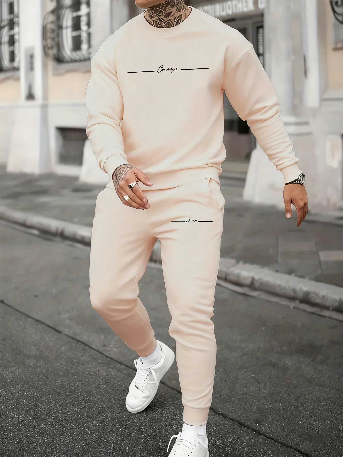 Courage Simple Line Printed Men Autumn Sweatshirt Set O-Neck Long-Length Two Pieces Sets Street CoupleS Sweatpants Clothing M260320