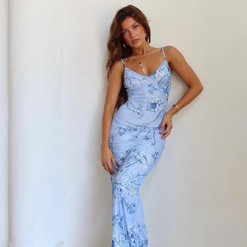 Luxury Brand Designer Clothes European And American New Style Women's V-Neck Sexy Backless Vacation Style Elegant Slim Fit Printed Design Strap D