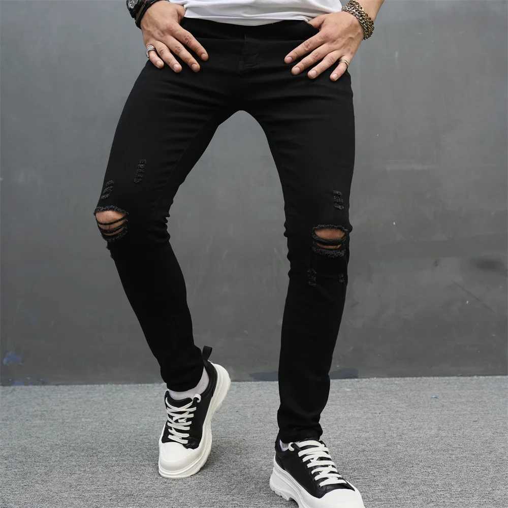 Men Simple Solid Holes High Street Stretch Skinny Jeans Pants Male Distressed Slim Pencil Jogging Denim Trousers D260320