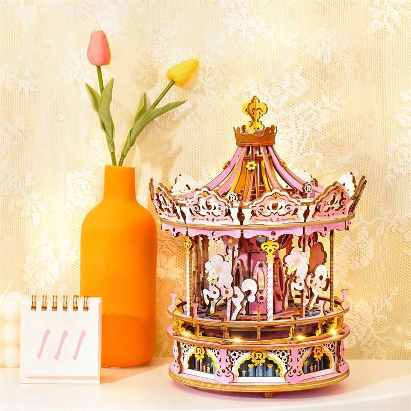 Robotime 3D Wooden Puzzle 336pcs Rotatable DIY Romantic Carousel Game Gift for Children Kids Adult AMK62 Assembly Music Box Toy Y260319