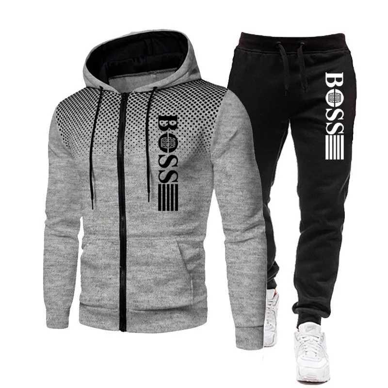 2026 New Mens zippered hoodie Casual Pants Set for Autumn and Winter fashion Fitness and Warm sportswear Two-piece set M260320