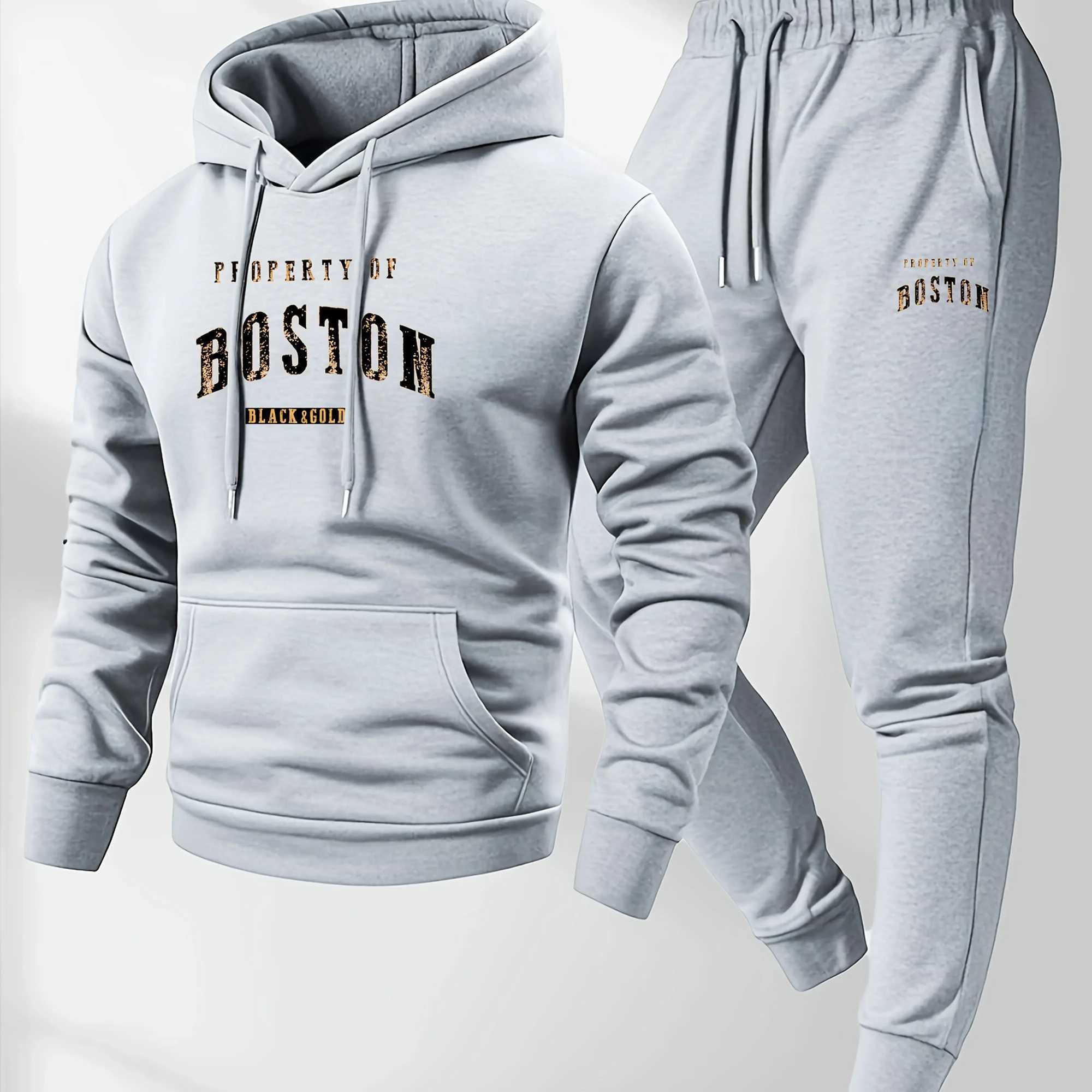 2026 New Mens Boston Print Hooded Sweatshirt and Sweatpants Soft and Comfortable Sweatpants Autumn and Winter Set M260320