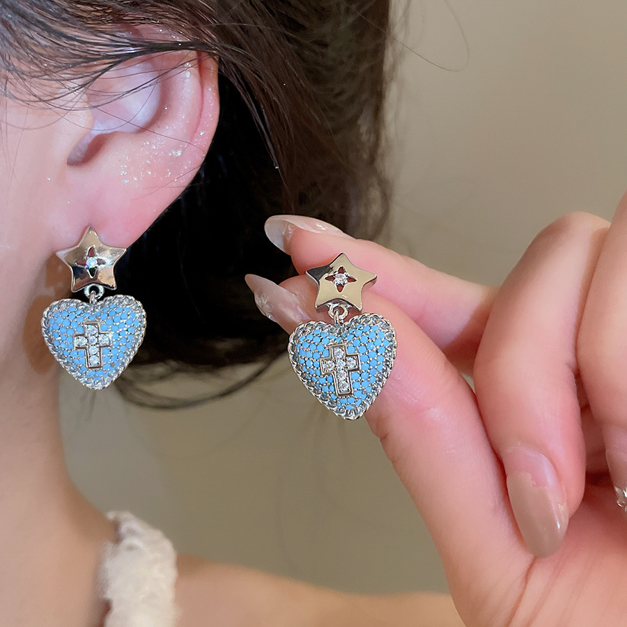 Sweet cool style zircon heart pearl earrings and necklace, personalized trendy jewelry set with a unique design, niche accessories - view 3