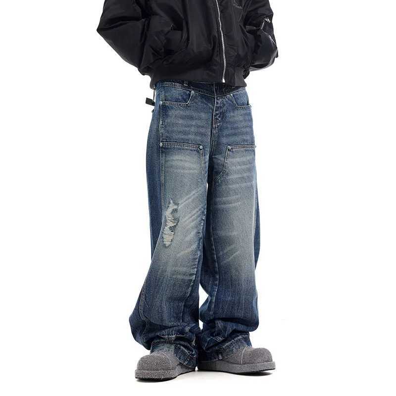 Korean Version Hip-Hop Wide Leg Pants MenS Jeans Wavy Holes Blue Jeans Spliced Straight Leg Casual Pants D260320