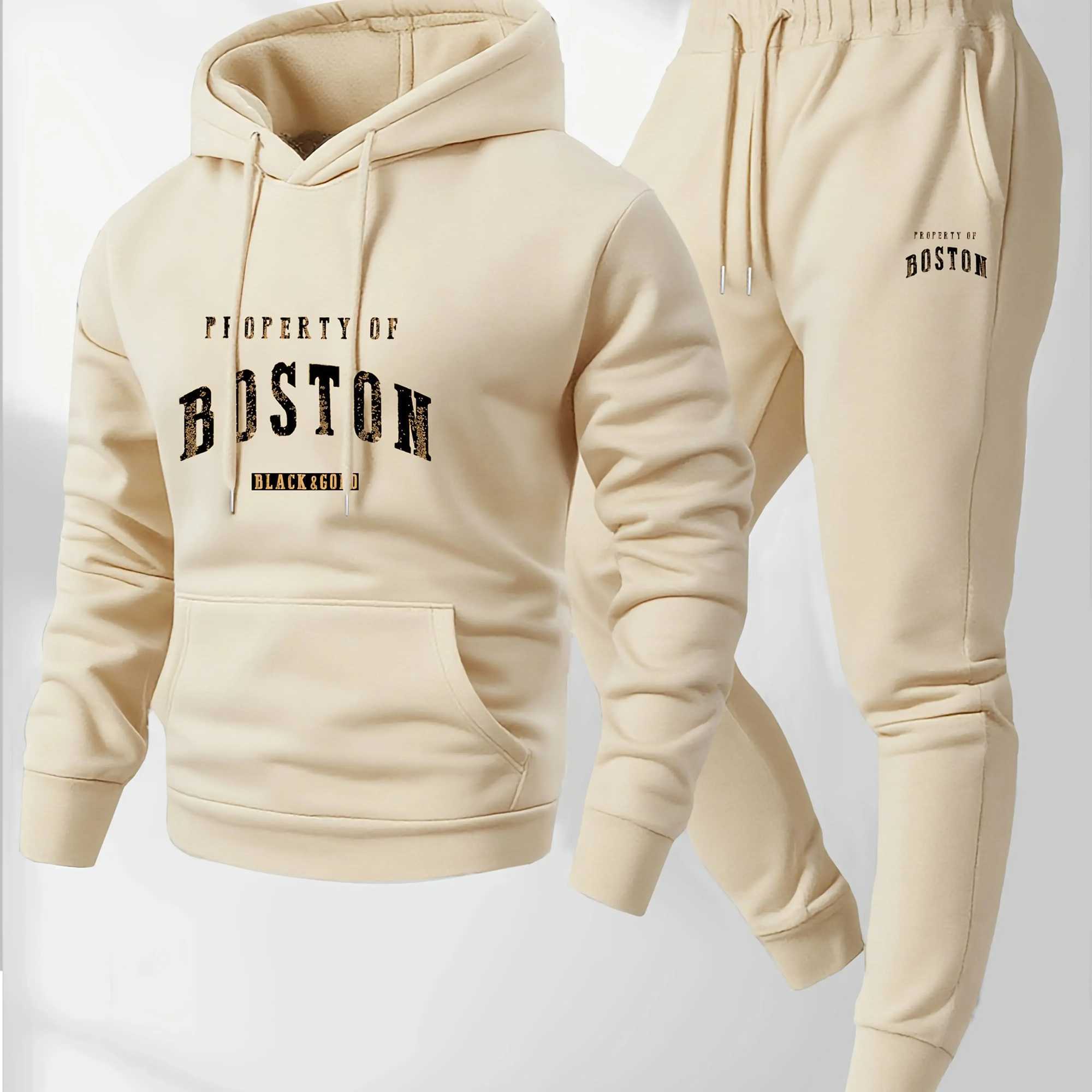 2026 New Mens Boston Print Hooded Sweatshirt and Sweatpants Soft and Comfortable Sweatpants Autumn and Winter Set M260320