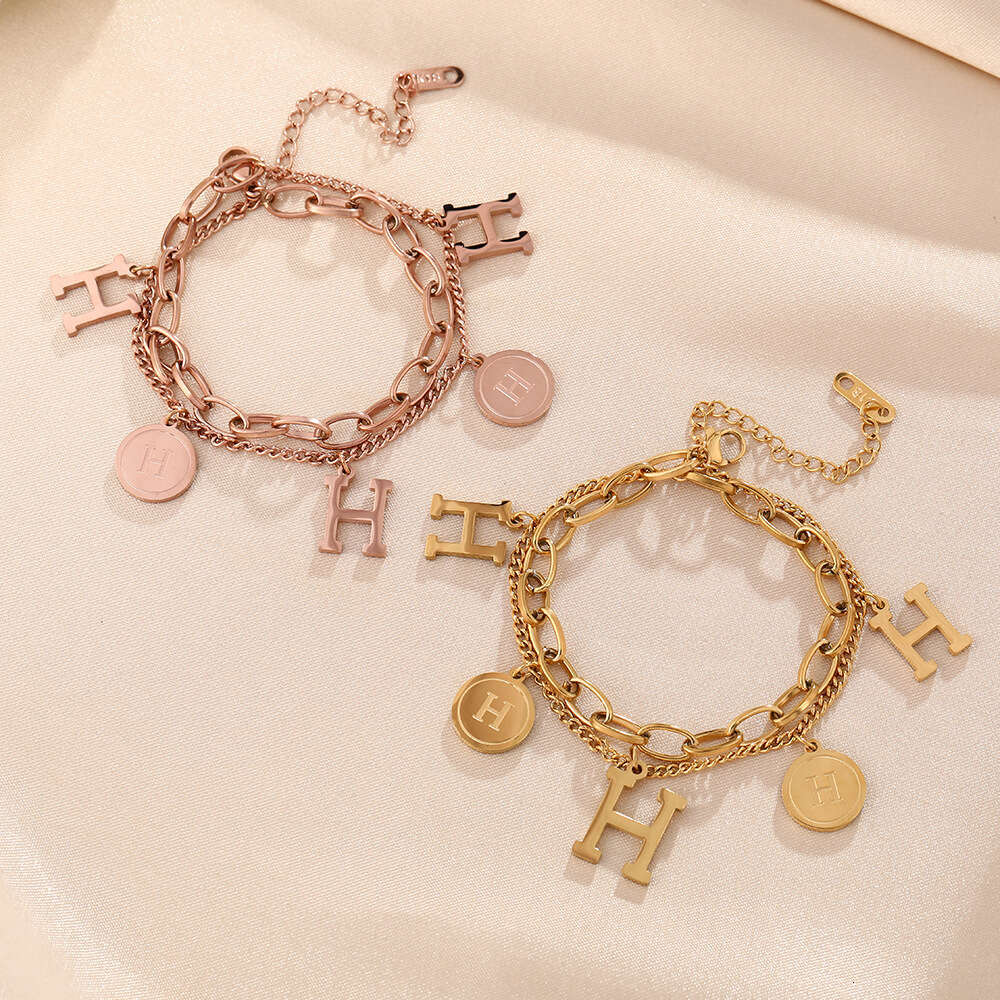 Europan Amrican Cross-Bordr Fashion Titanium Stl Braclt For Womn, Doubl-Layr Chain With H Lttr, Light Luxury And Trndy Hand Accssory, Dos Not
