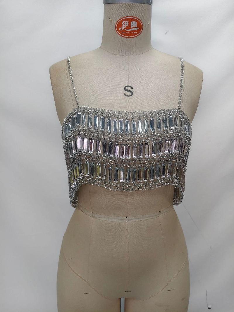 Women's Tanks European And American Cross-Border Vest Acrylic Sequin Multi-Layer Handmade Luxury Top Sexy Bra Chest Chain
