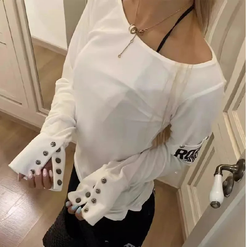 American Retro Print Tshirt Women Long Sleeve Button Graphic Slash Neck Tops Y2K Tops 2000s Japanese Grunge Tops Egirls Autumn 260320 - view 7