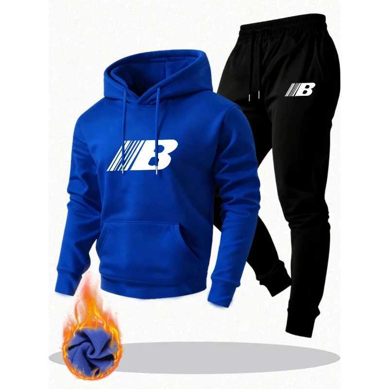 MenS Warm Two-Piece Set - Cozy Hoodie Joggers with Print Casual Long Pants Perfect for Fall/Winter M260320