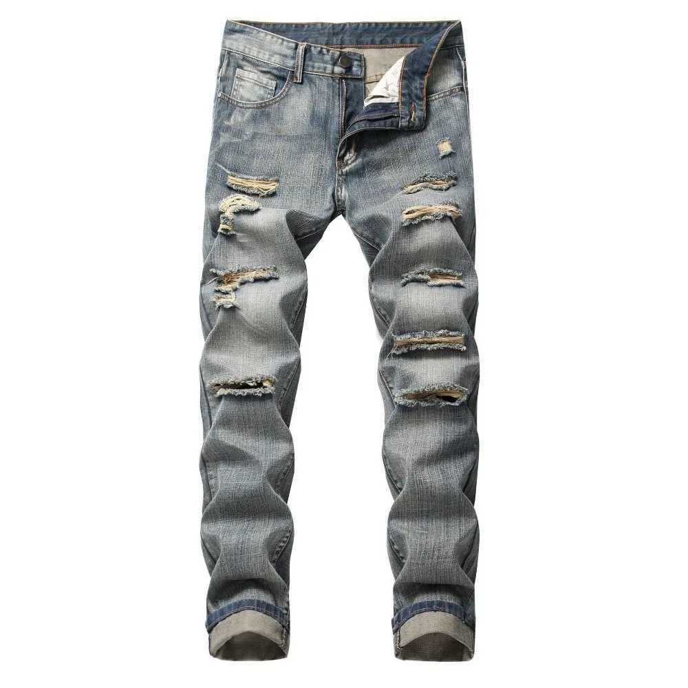 Punk Street Style Ripped Skinny Jeans Men Vintage Wash Solid Denim Trouser Mens Casual Slim Fit Pencil Denim Holes Pants 2024 D260320