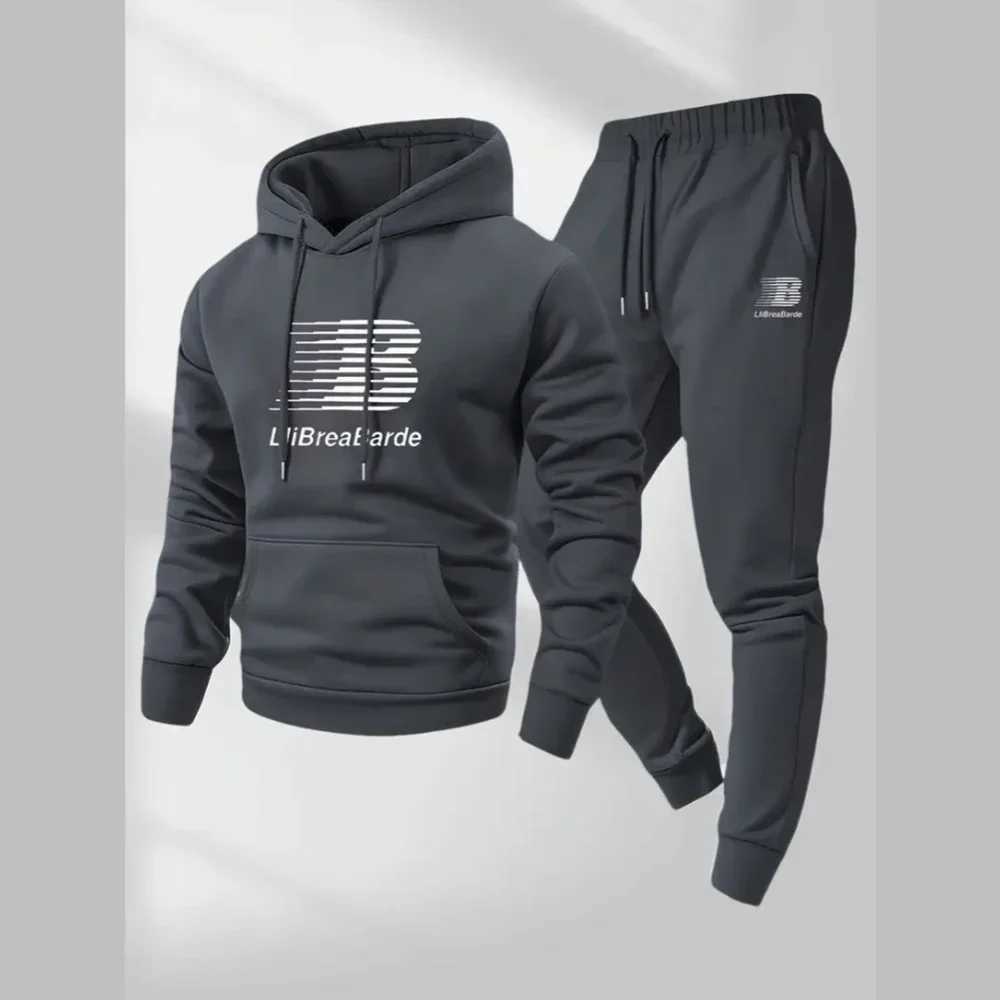 Mens Letter Printed Casual Hooded Sports Set -100 Polyester Fiber Long Sleeved Pullover Paired with Drawstring Running Pants M260320