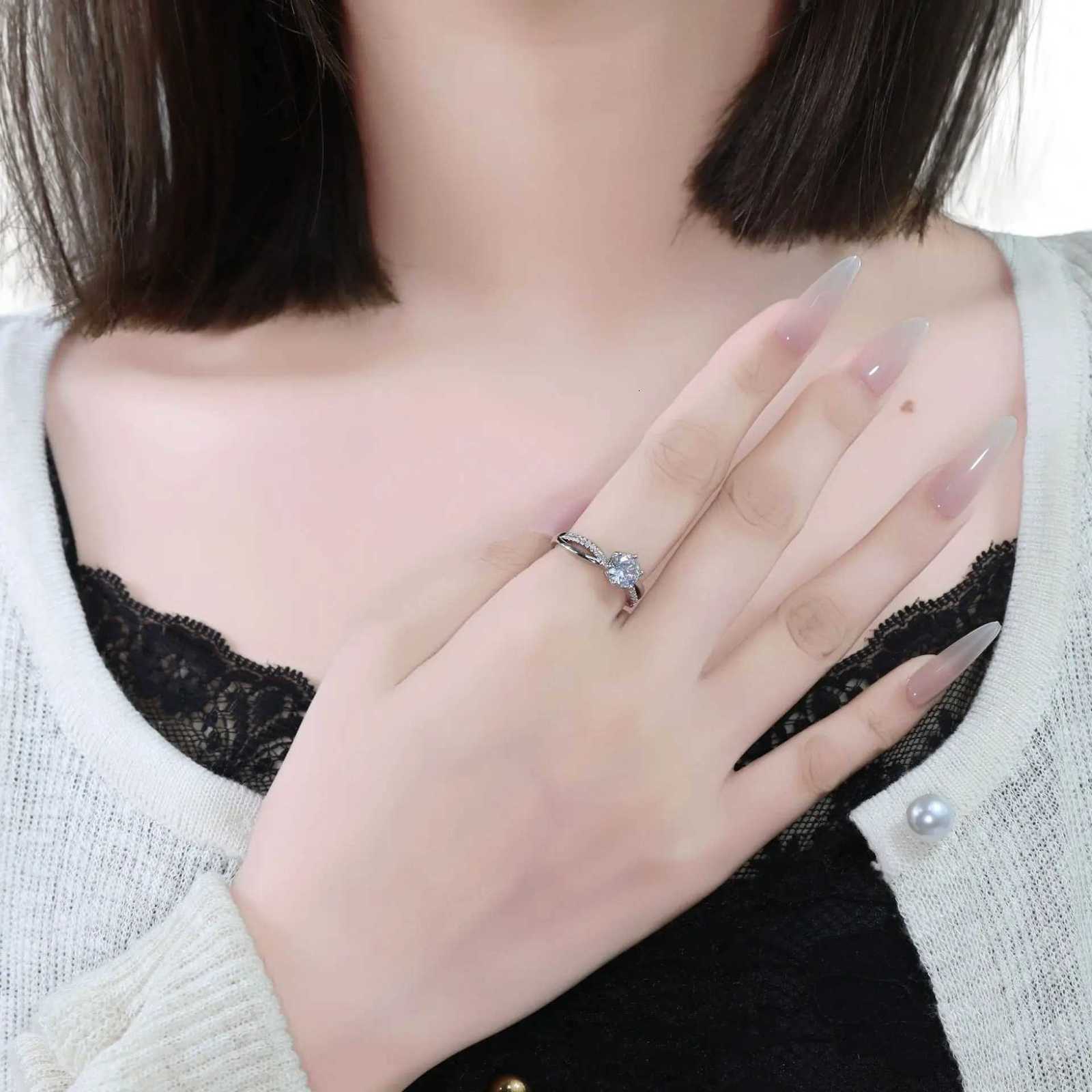 Classic 4-Prong Solitaire Ring with Micro-Pav Accent Stones Crisscross Band - 925 Silver Plated White Gold Engagement Promise H260320 - view 5