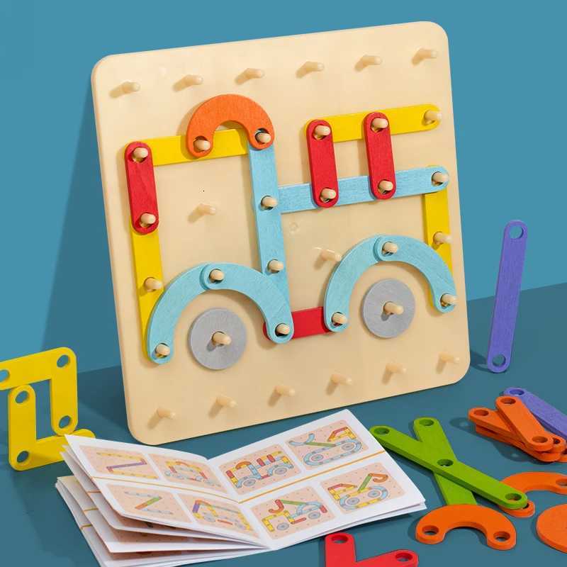 Children Wooden Toys Creative Board Nail Board Geometric Column Set Construction Puzzle Geometric Pegboard Montessori Sensory Y260319