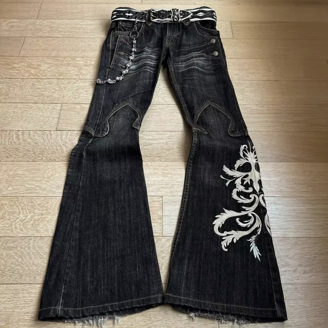 Men's Y2K Gothic Retro Double Waisted Flared Jeans Washed Black Distressed Denim Pants Unisex Streetwear High Waist Micro Flare Vintage Punk Hip 