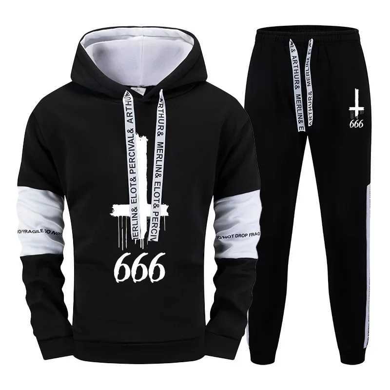 Mens Hooded Sweatshirts Sweatpants Satan Inverted Cross Hoodies Streetwear Male Autumn Winter Daily Casual Sports Jogging Suit M260320