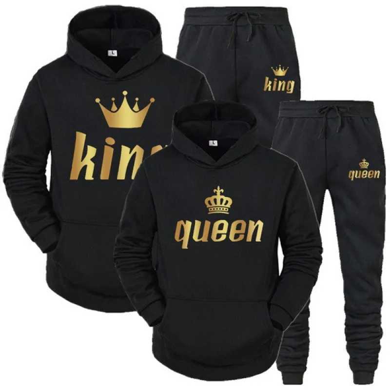 Fashion Long Sleeves KING And QUEEN Printed Hooded Suits Autumn Winter Couple Hoodie Pants 2-Piece Suit M260320