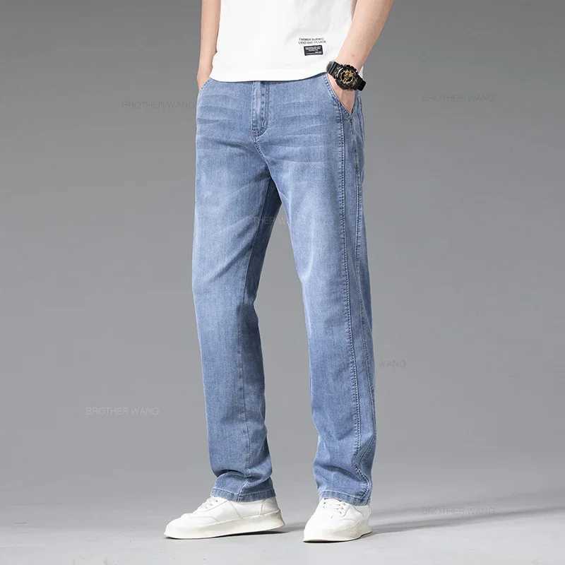 Loose Jeans Mens Summer Thin Elastic Waist Straight Pants Fashion Stretch Cotton Business Casual Denim Trousers Light Blue D260320