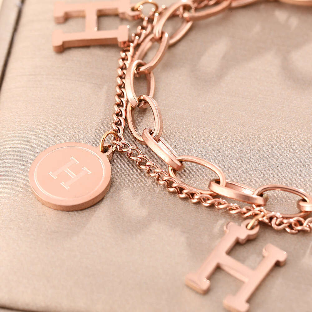 Europan Amrican Cross-Bordr Fashion Titanium Stl Braclt For Womn, Doubl-Layr Chain With H Lttr, Light Luxury And Trndy Hand Accssory, Dos Not