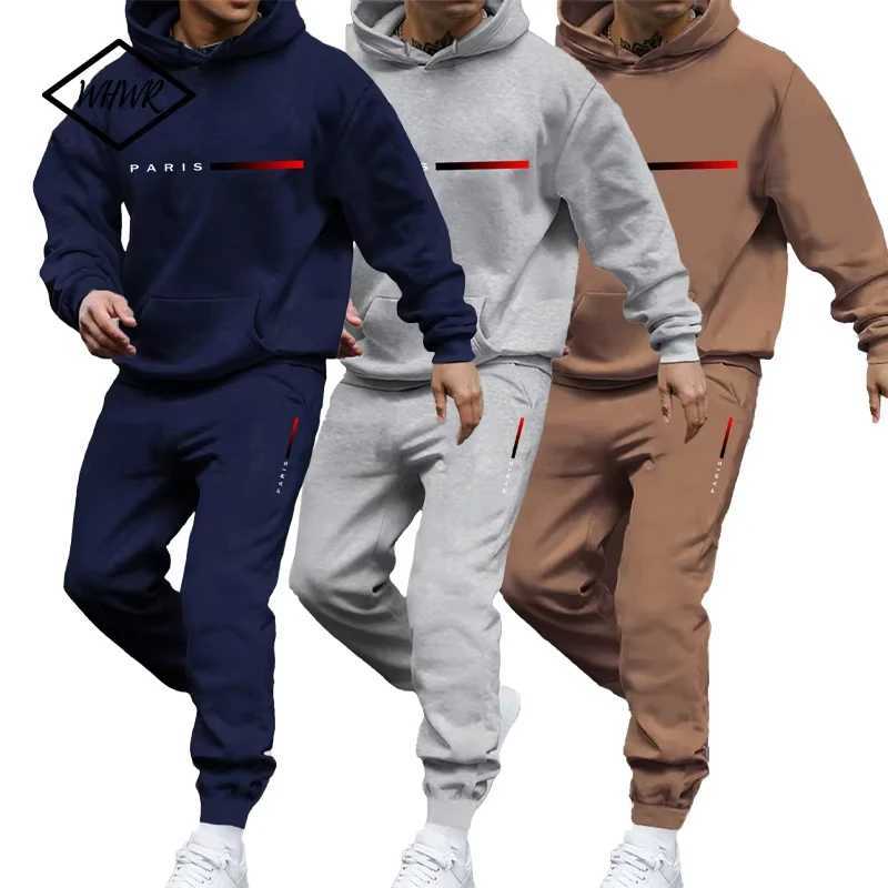Paris Print Fashion Mens Hooded TraCKsuit 2pcs Set Male Daily Casual Sports Jogging Home Outdoor Hoodie Outftis M260320