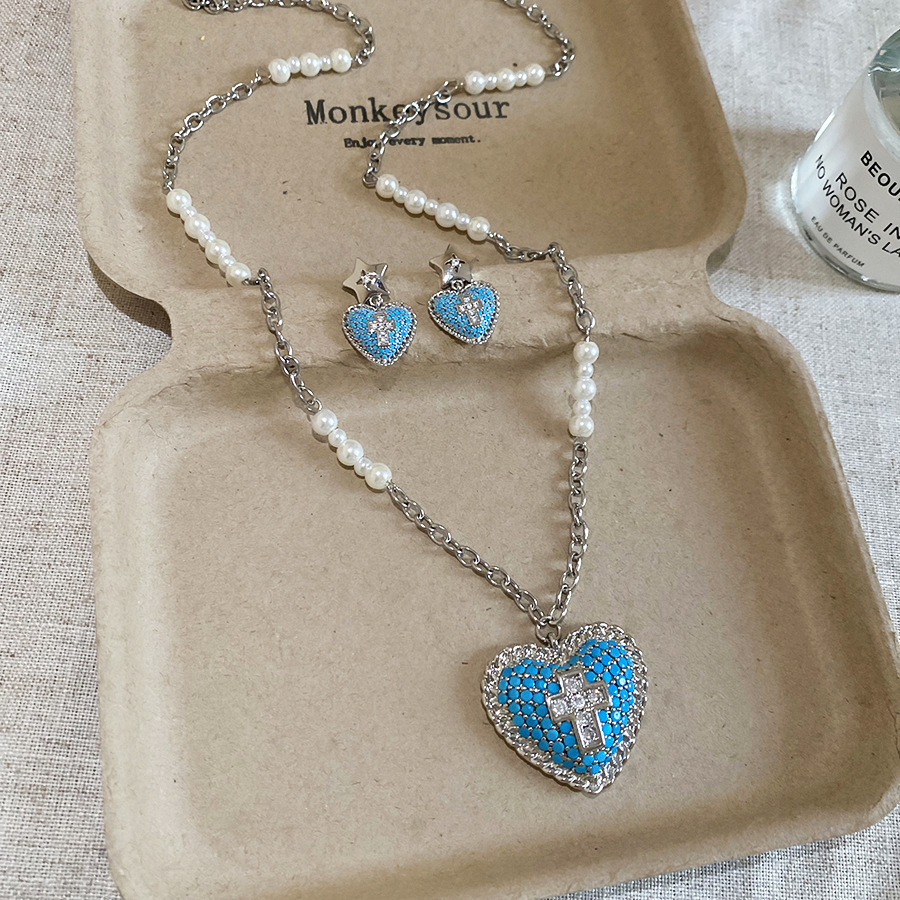 Sweet cool style zircon heart pearl earrings and necklace, personalized trendy jewelry set with a unique design, niche accessories - view 7