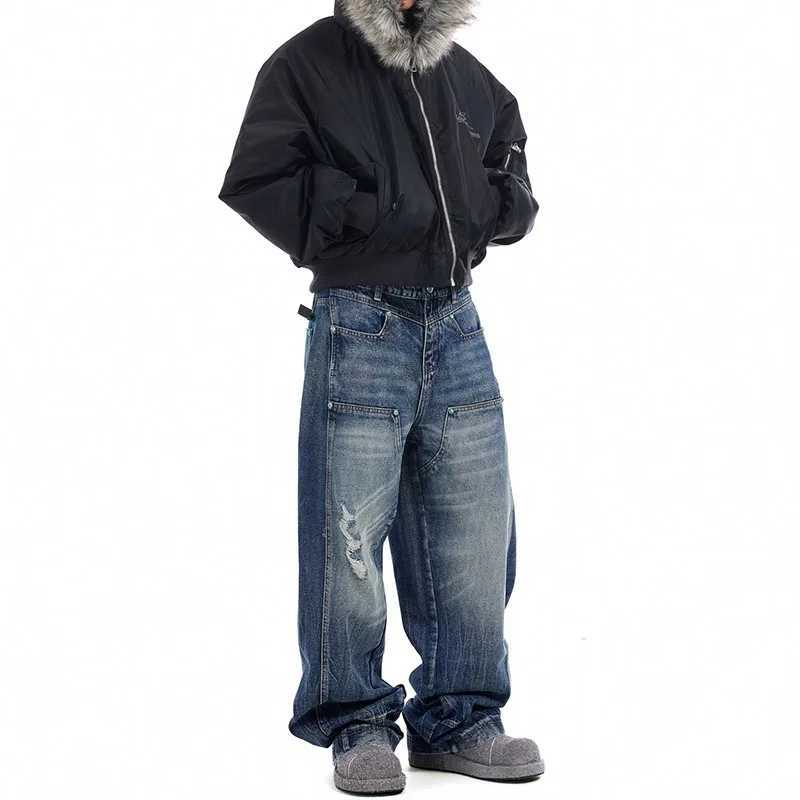 Korean Version Hip-Hop Wide Leg Pants MenS Jeans Wavy Holes Blue Jeans Spliced Straight Leg Casual Pants D260320