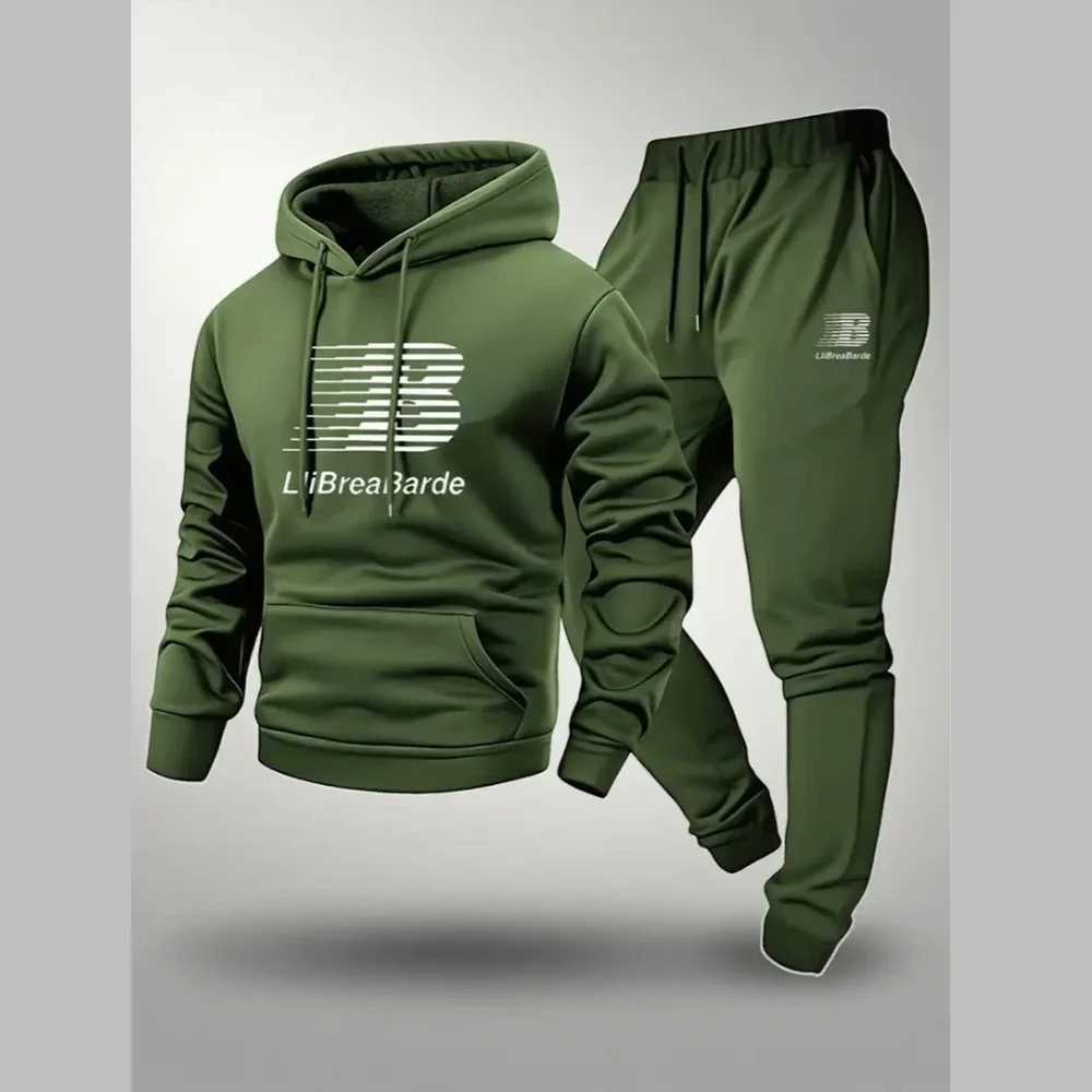 Mens Letter Printed Casual Hooded Sports Set -100 Polyester Fiber Long Sleeved Pullover Paired with Drawstring Running Pants M260320