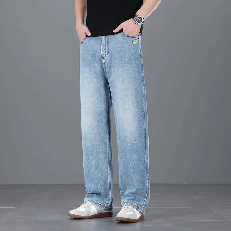 2026 New Korean Mens Casual Long Jeans Classic Man Loose Straight Denim Wide-leg Pants Solid Color Light Blue BlackGrey D260320
