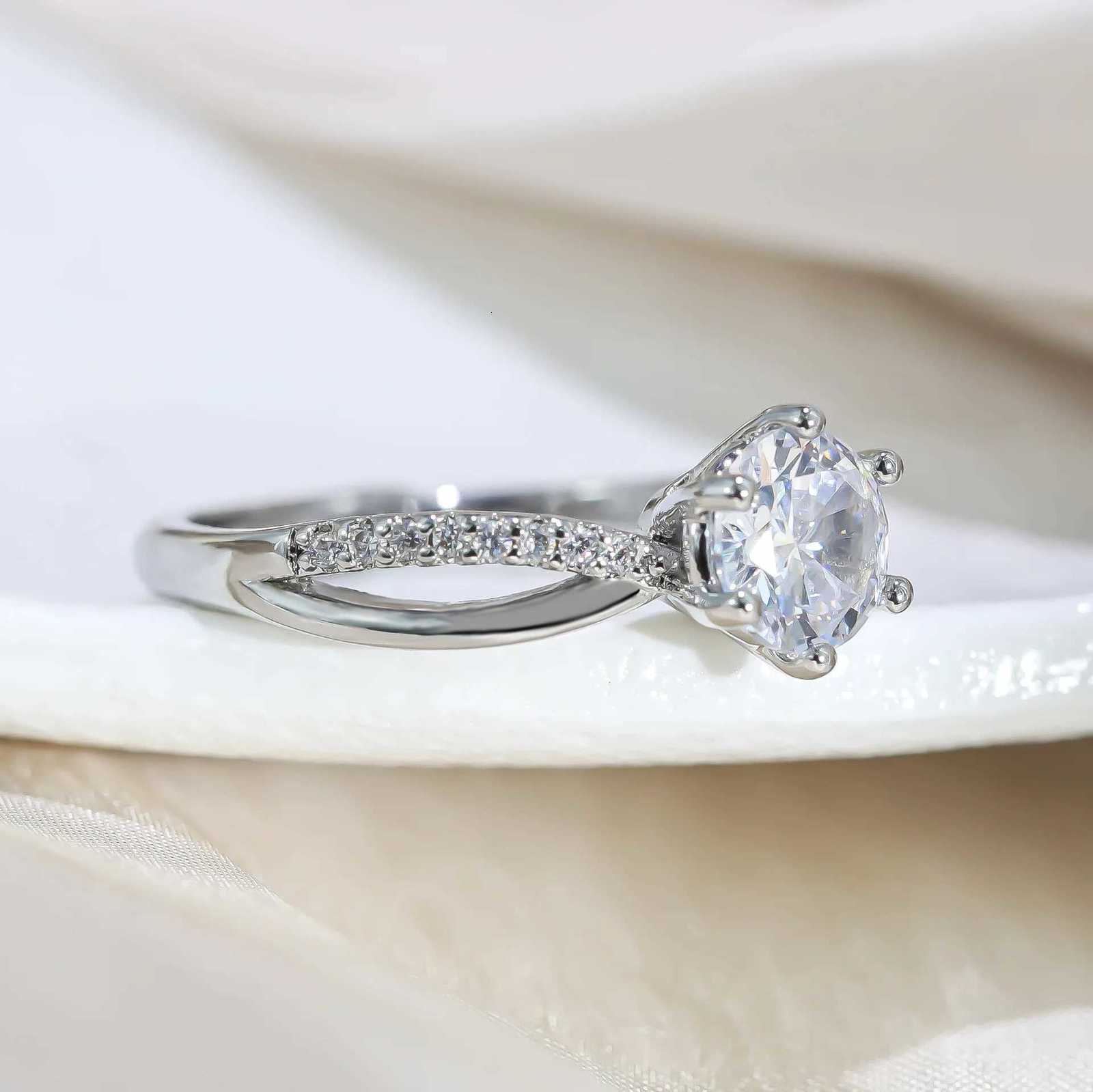 Classic 4-Prong Solitaire Ring with Micro-Pav Accent Stones Crisscross Band - 925 Silver Plated White Gold Engagement Promise H260320 - view 4