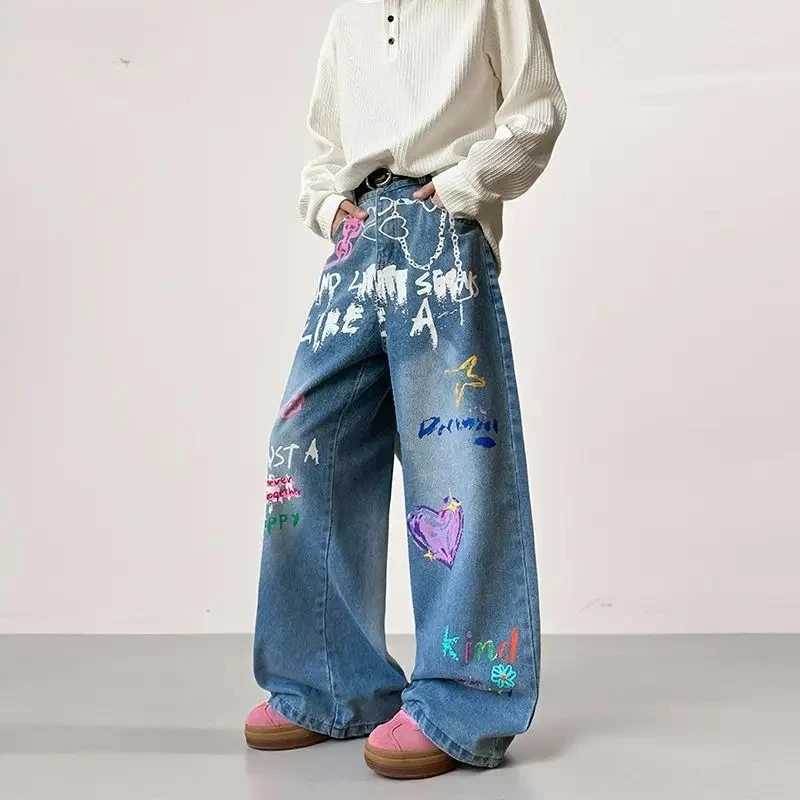American Retro Graffiti Print Loose High Waist Mens Jeans Autumn Winter Korean Style Floor-Length Causal Trousers Wide Leg Pant D260320
