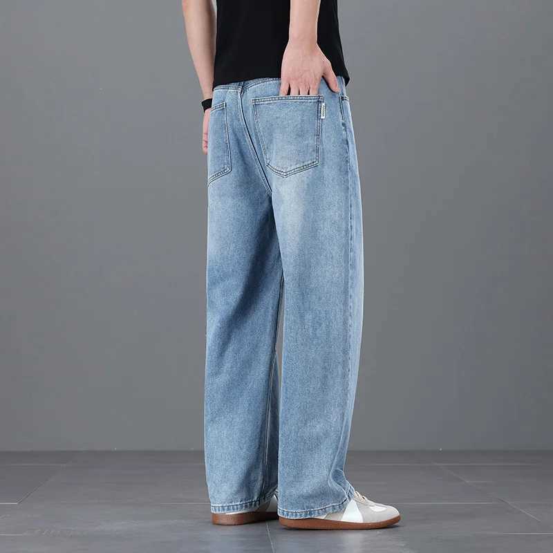 2026 New Korean Mens Casual Long Jeans Classic Man Loose Straight Denim Wide-leg Pants Solid Color Light Blue BlackGrey D260320